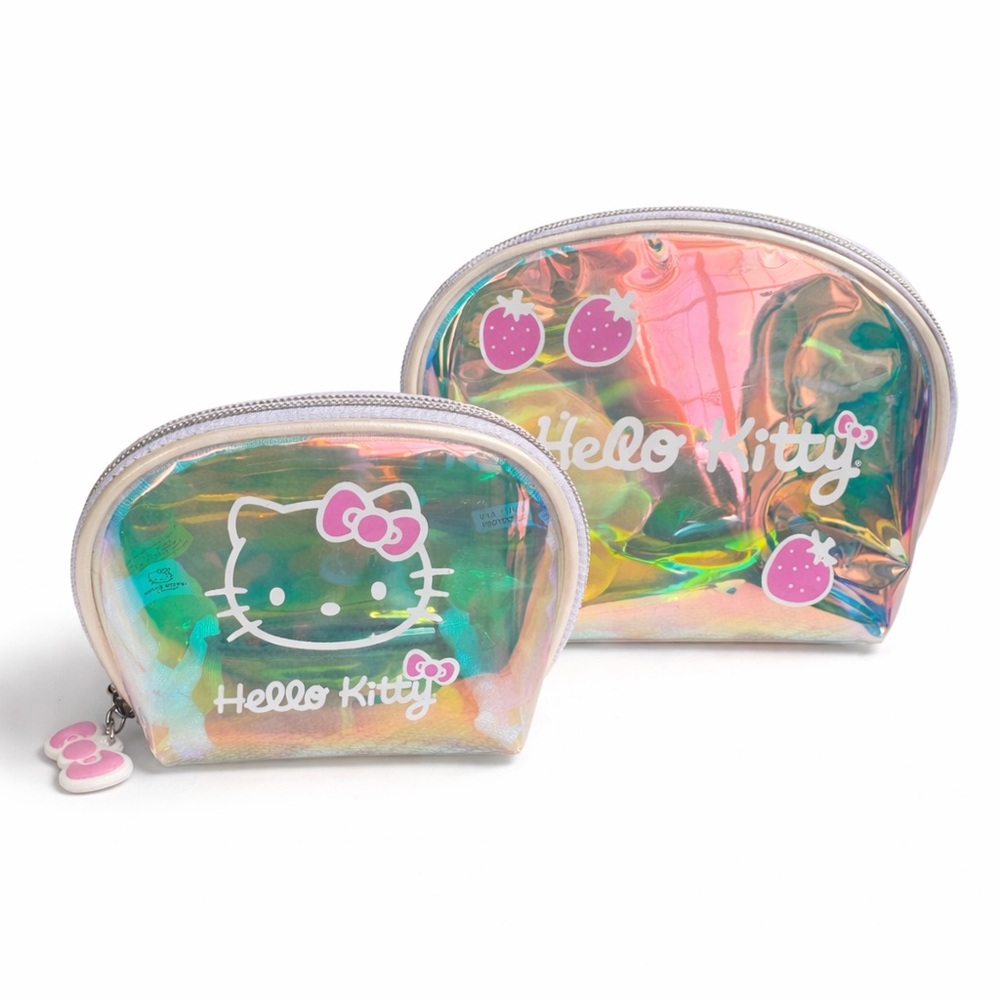 Hello Kitty Iridescent Cosmetic Bag Set Holographic Pouch Duo Travel Gift Sanrio